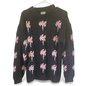 SKYR Black Sweater Large With Pink and Black‎ Floral Design